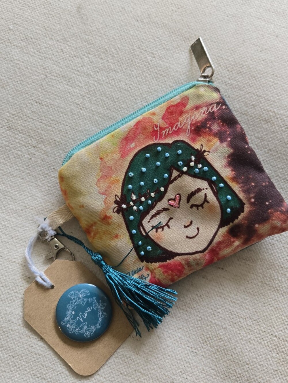 Cute Hand-Painted Girl Coin Purse with Teal Tassel